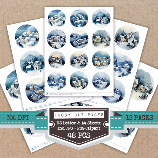 Watercolour Winter Village Circle fussy cut printable sheets for junk journaling, scrapbooking, and paper craft projects