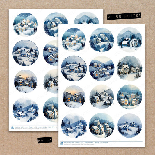 A4 and US Letter format comparison showing Watercolour Winter Village Circle fussy cut pages for print and cut crafting