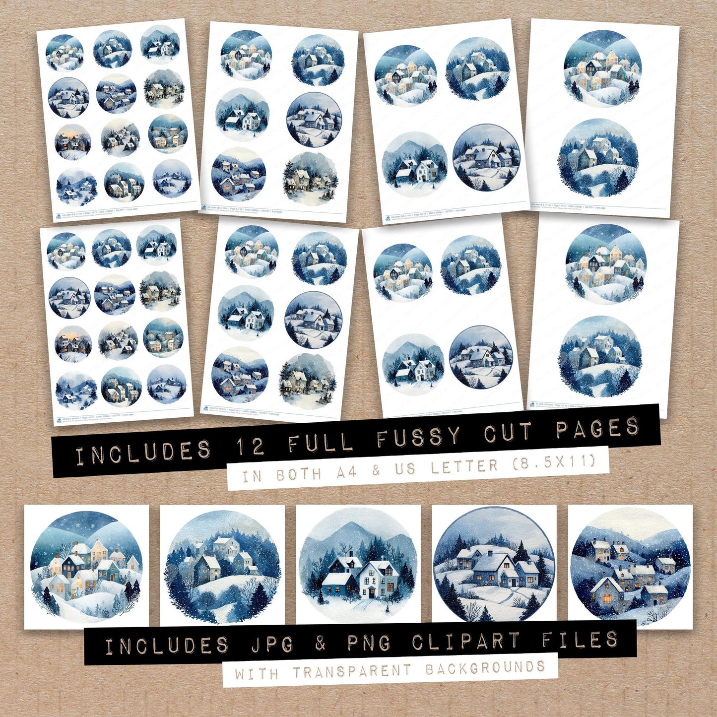 Full collection view of Watercolour Winter Village Circle fussy cut sheets with bonus clipart JPG and PNG files