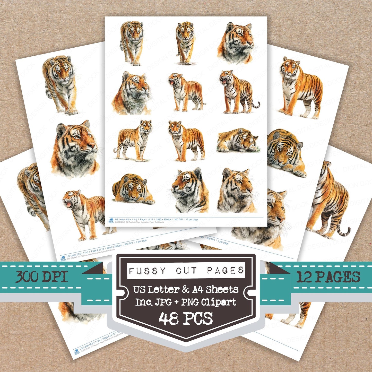 Realistic Tiger Illustration fussy cut printable sheets for junk journaling, scrapbooking, and paper craft projects