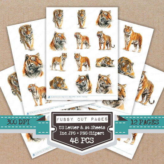 Realistic Tiger Illustration fussy cut printable sheets for junk journaling, scrapbooking, and paper craft projects