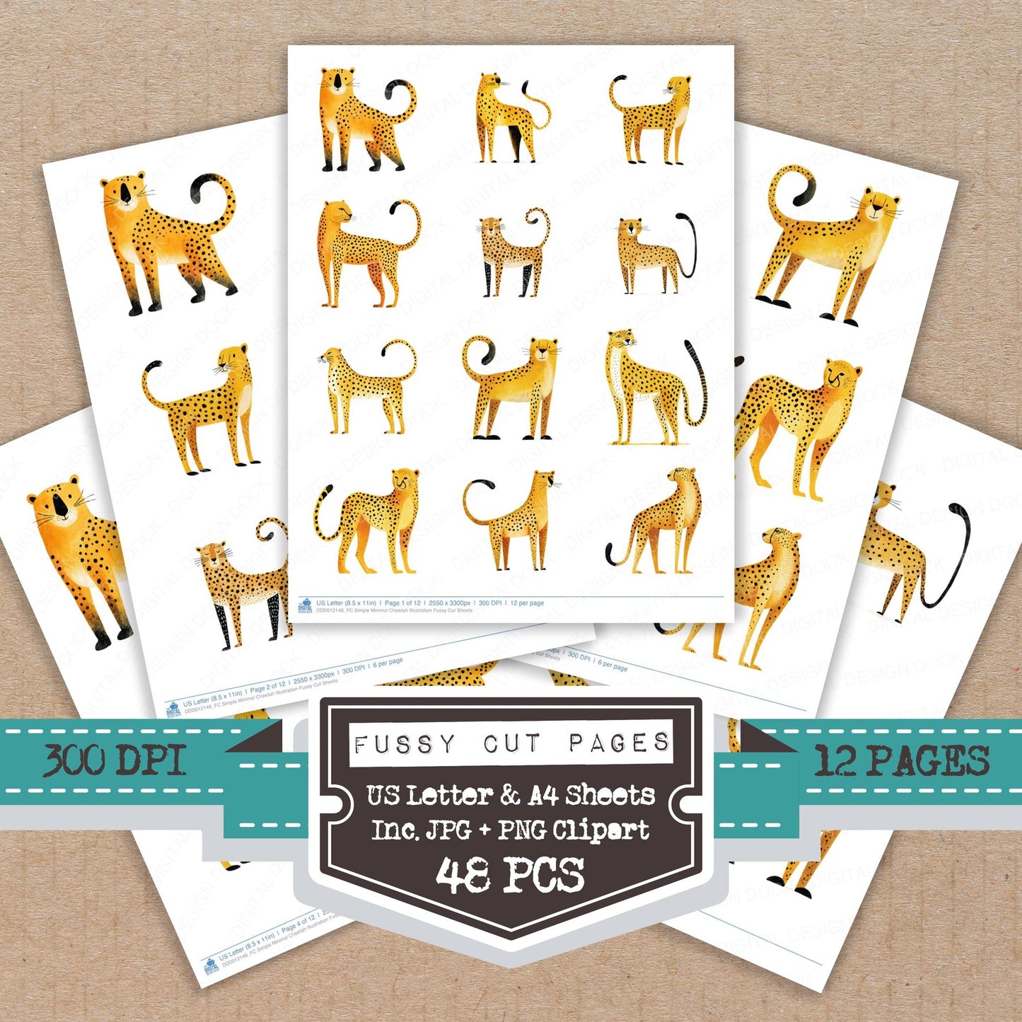 Simple Minimal Cheetah Illustration fussy cut printable sheets for junk journaling, scrapbooking, and paper craft projects