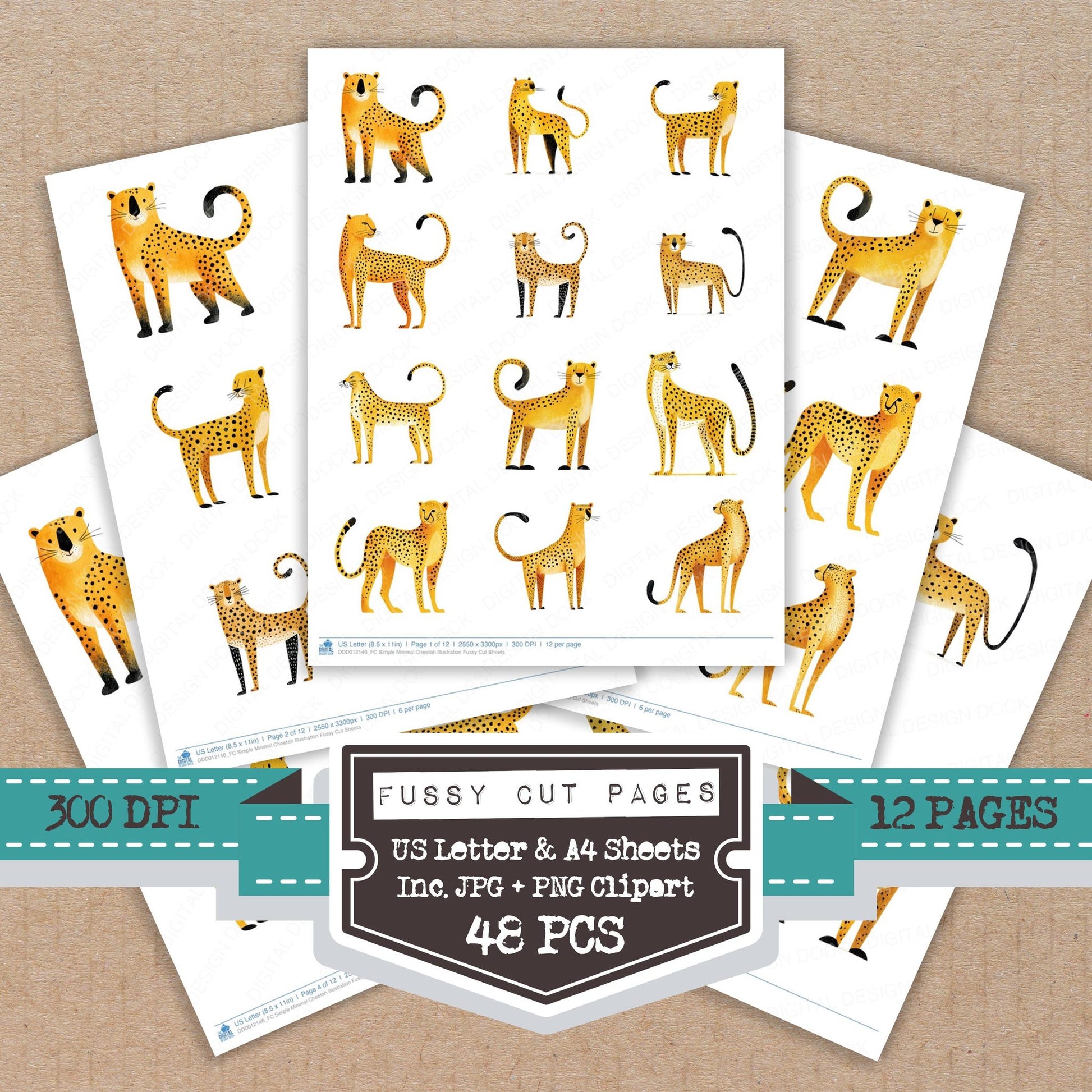 Simple Minimal Cheetah Illustration fussy cut printable sheets for junk journaling, scrapbooking, and paper craft projects