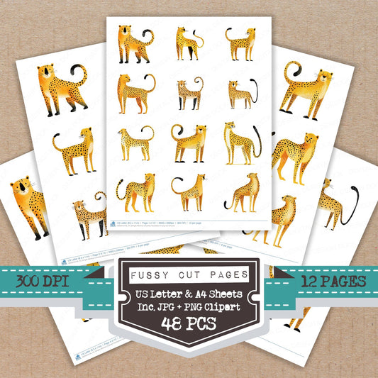 Simple Minimal Cheetah Illustration fussy cut printable sheets for junk journaling, scrapbooking, and paper craft projects