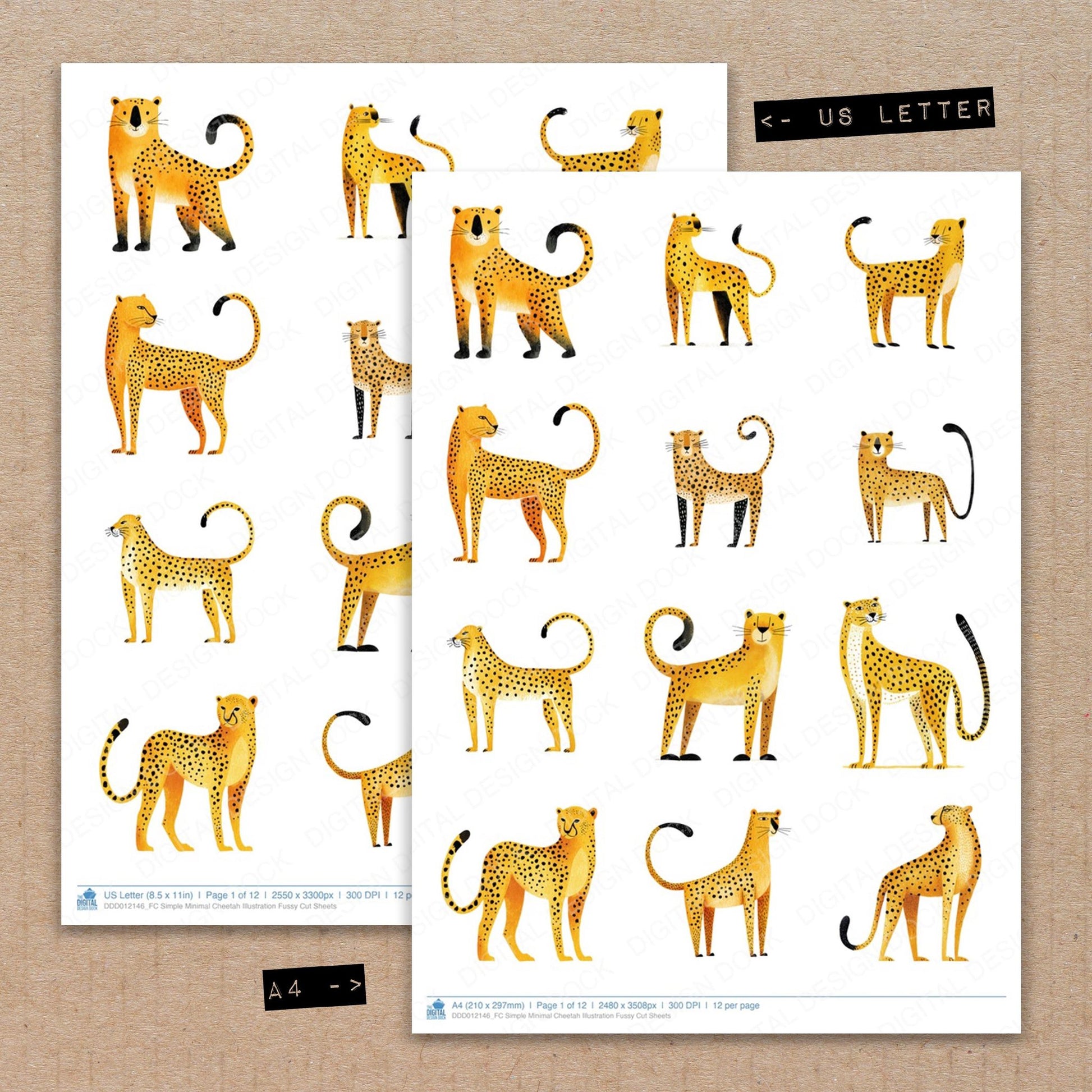 A4 and US Letter format comparison showing Simple Minimal Cheetah Illustration fussy cut pages for print and cut crafting