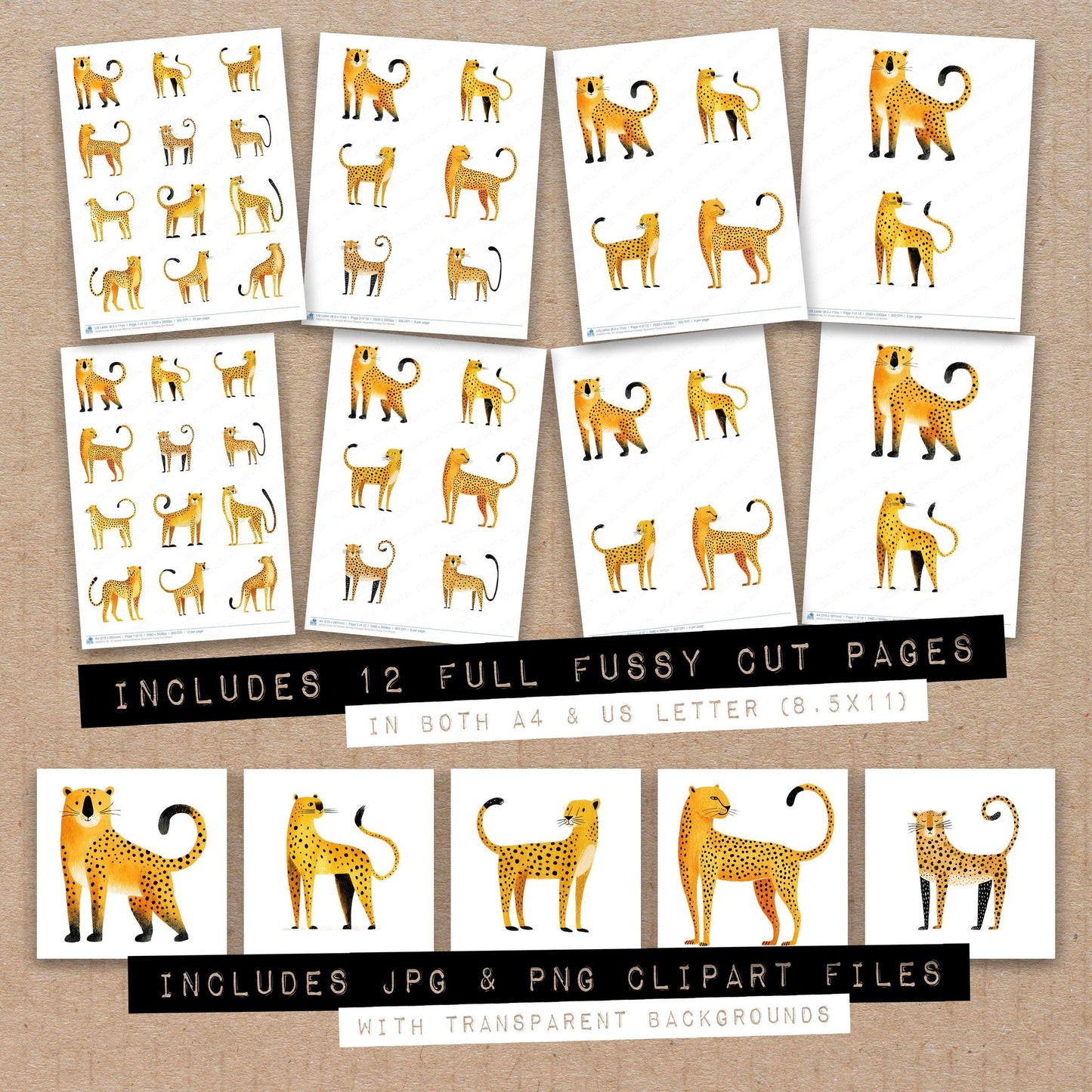 Full collection view of Simple Minimal Cheetah Illustration fussy cut sheets with bonus clipart JPG and PNG files