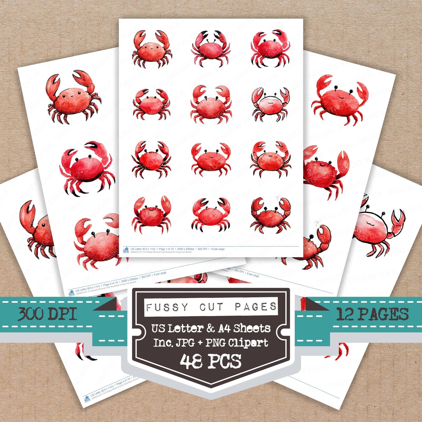 Simple Minimal Crab Illustration fussy cut printable sheets for junk journaling, scrapbooking, and paper craft projects