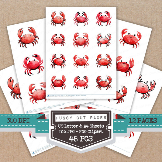 Simple Minimal Crab Illustration fussy cut printable sheets for junk journaling, scrapbooking, and paper craft projects