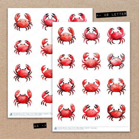 A4 and US Letter format comparison showing Simple Minimal Crab Illustration fussy cut pages for print and cut crafting