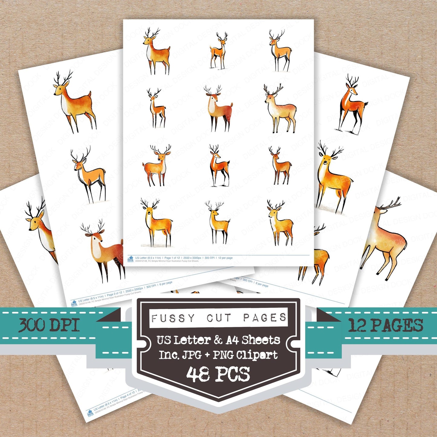 Simple Minimal Deer Illustration fussy cut printable sheets for junk journaling, scrapbooking, and paper craft projects