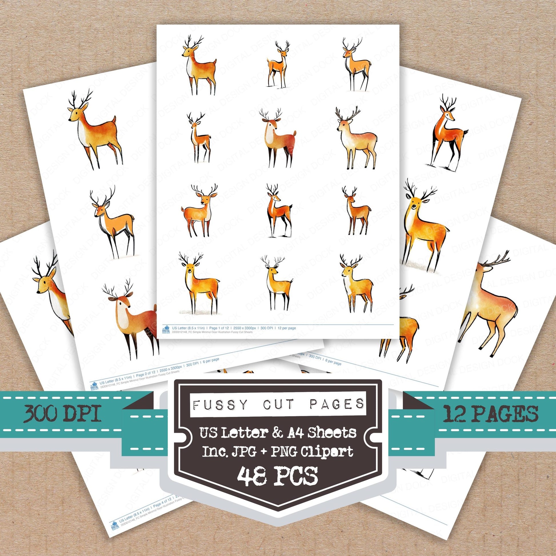 Simple Minimal Deer Illustration fussy cut printable sheets for junk journaling, scrapbooking, and paper craft projects
