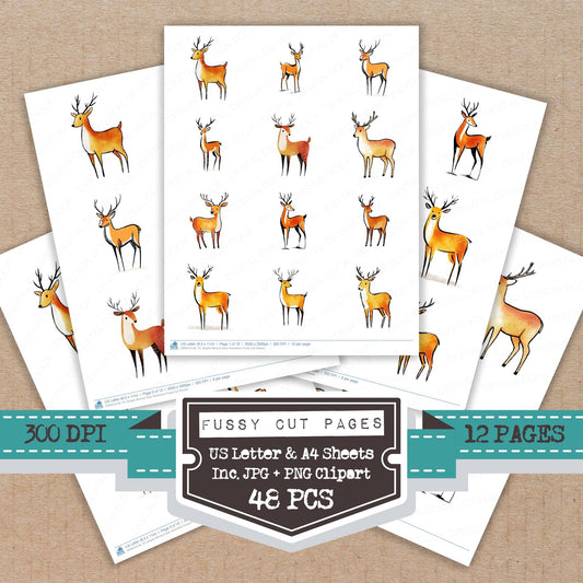 Simple Minimal Deer Illustration fussy cut printable sheets for junk journaling, scrapbooking, and paper craft projects