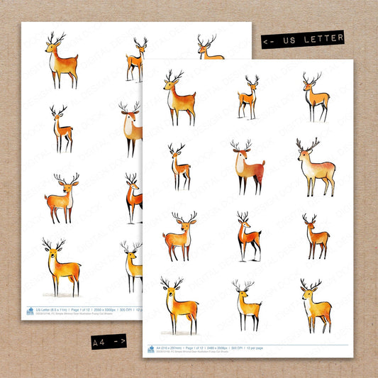 A4 and US Letter format comparison showing Simple Minimal Deer Illustration fussy cut pages for print and cut crafting