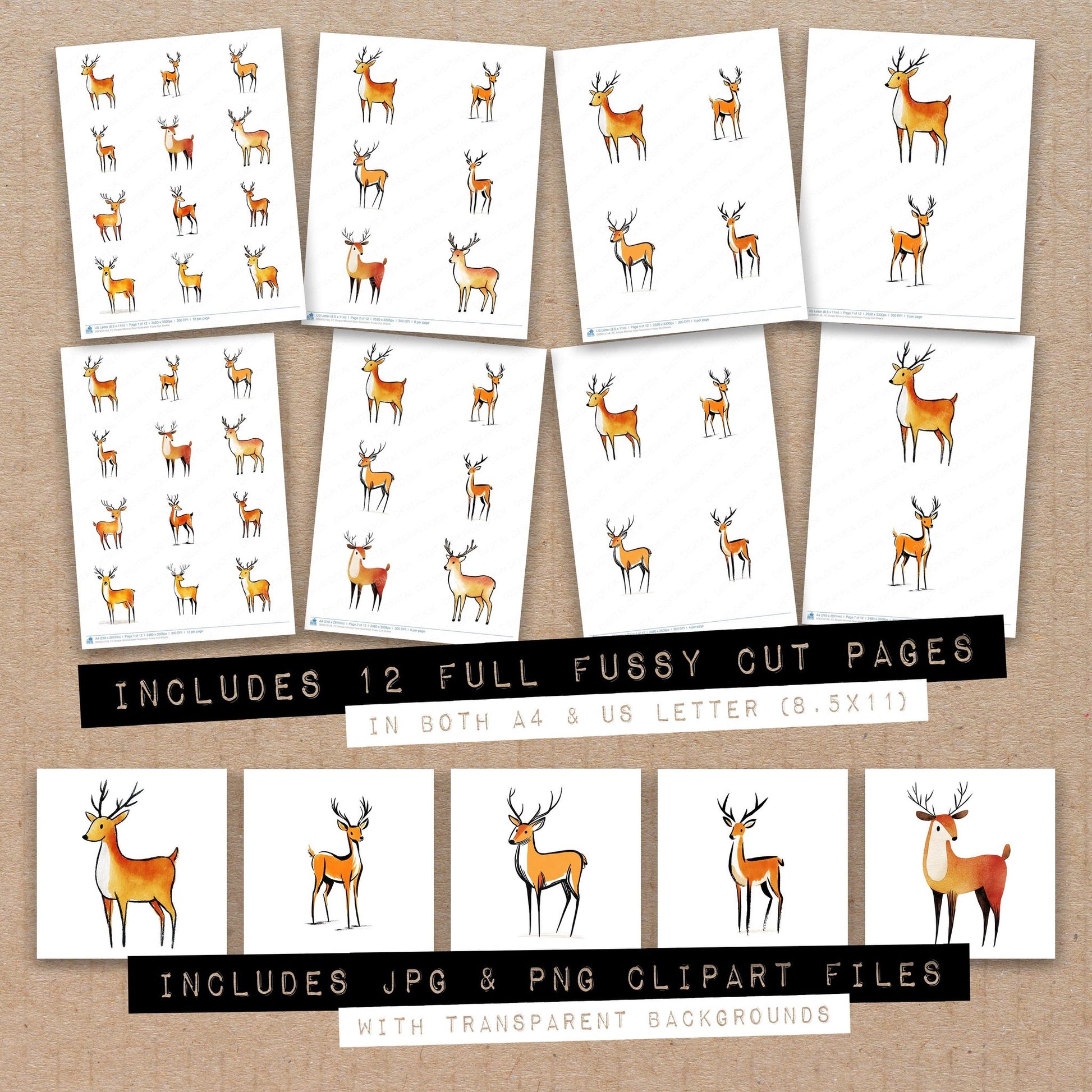 Full collection view of Simple Minimal Deer Illustration fussy cut sheets with bonus clipart JPG and PNG files