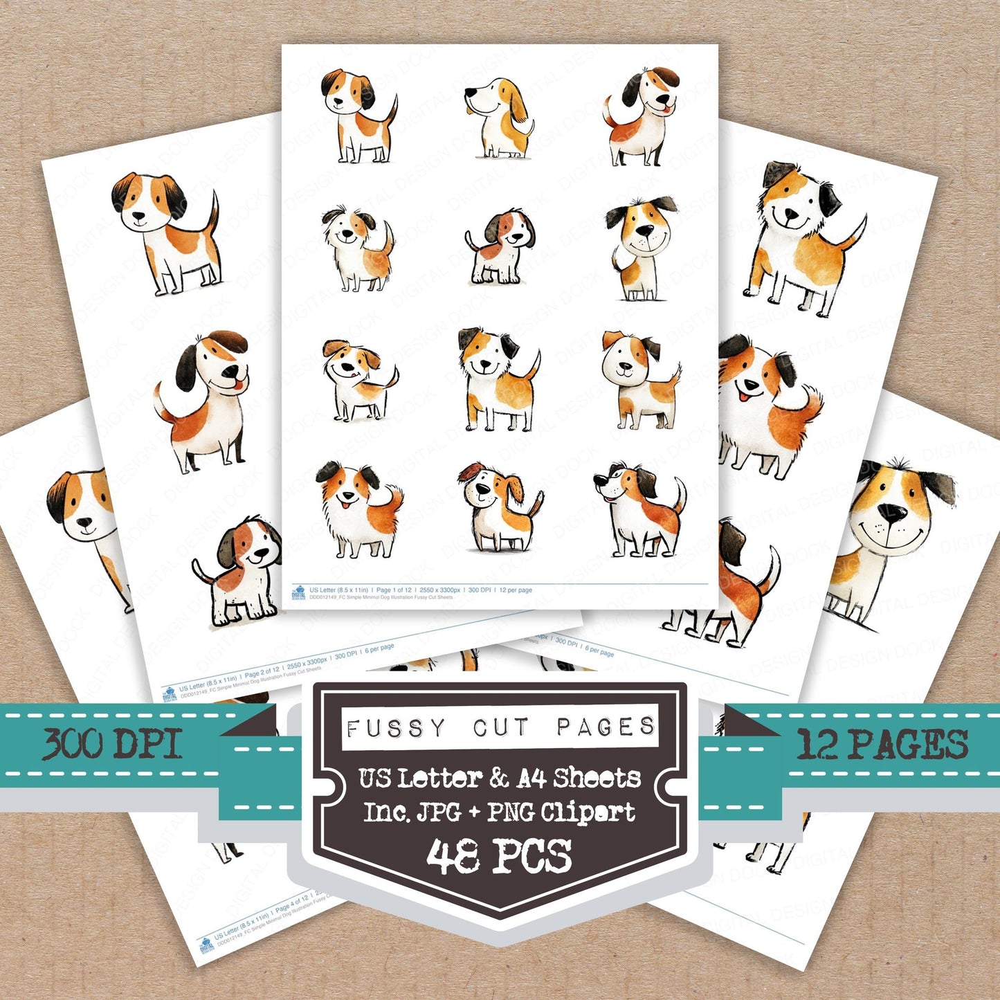 Simple Minimal Dog Illustration fussy cut printable sheets for junk journaling, scrapbooking, and paper craft projects