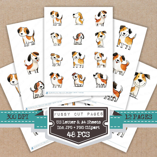Simple Minimal Dog Illustration fussy cut printable sheets for junk journaling, scrapbooking, and paper craft projects