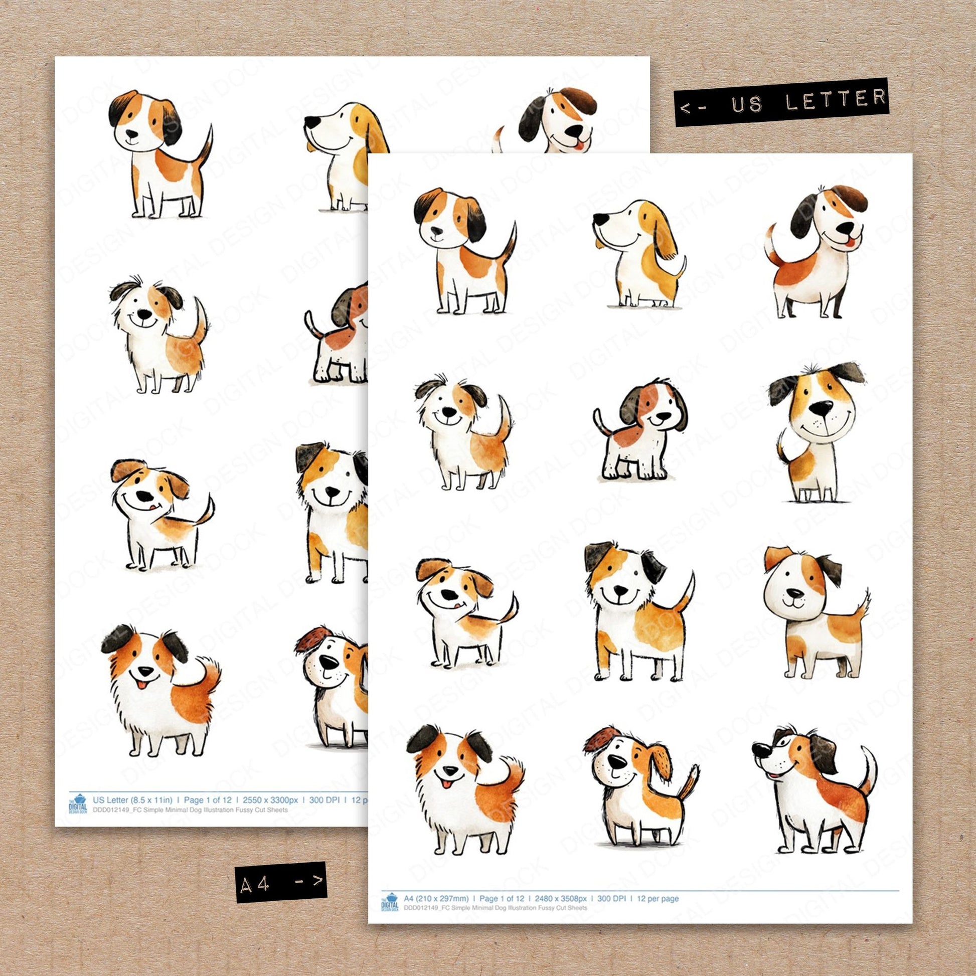 A4 and US Letter format comparison showing Simple Minimal Dog Illustration fussy cut pages for print and cut crafting