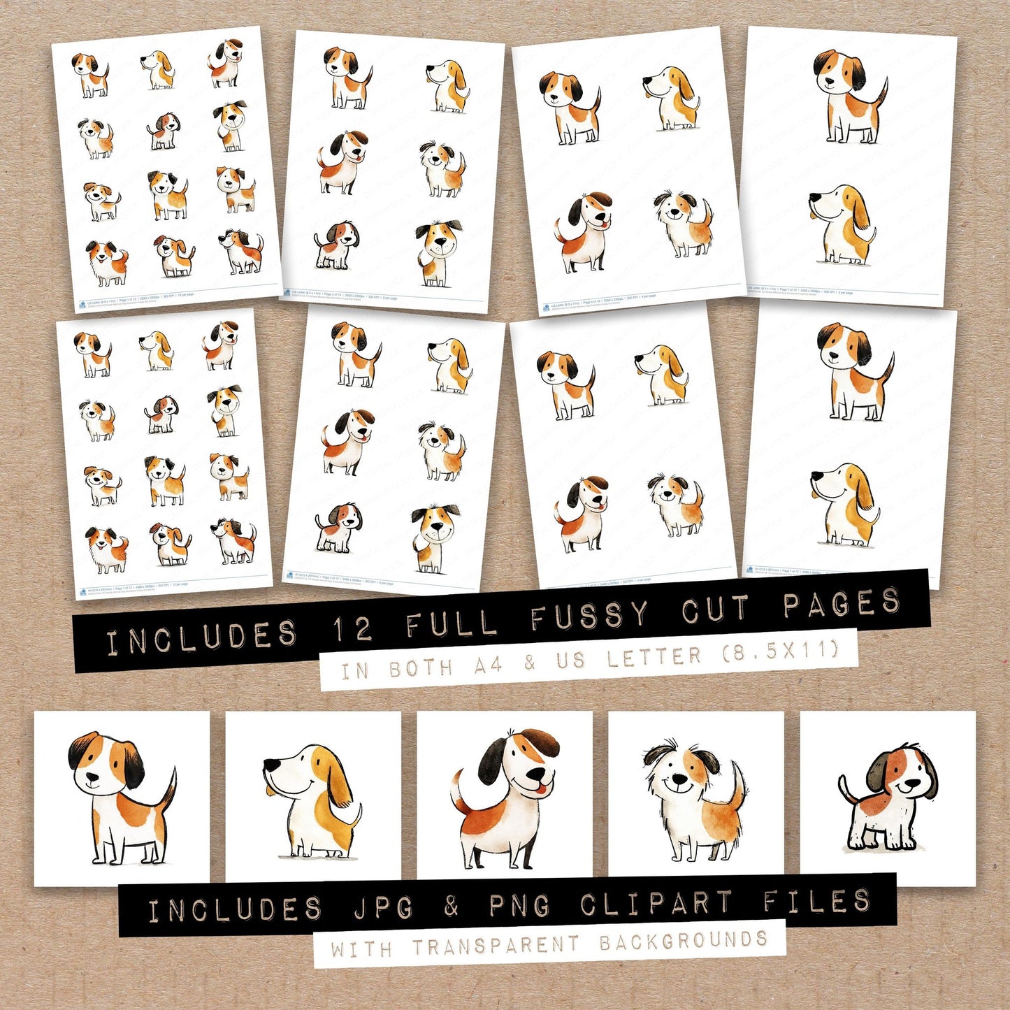 Full collection view of Simple Minimal Dog Illustration fussy cut sheets with bonus clipart JPG and PNG files