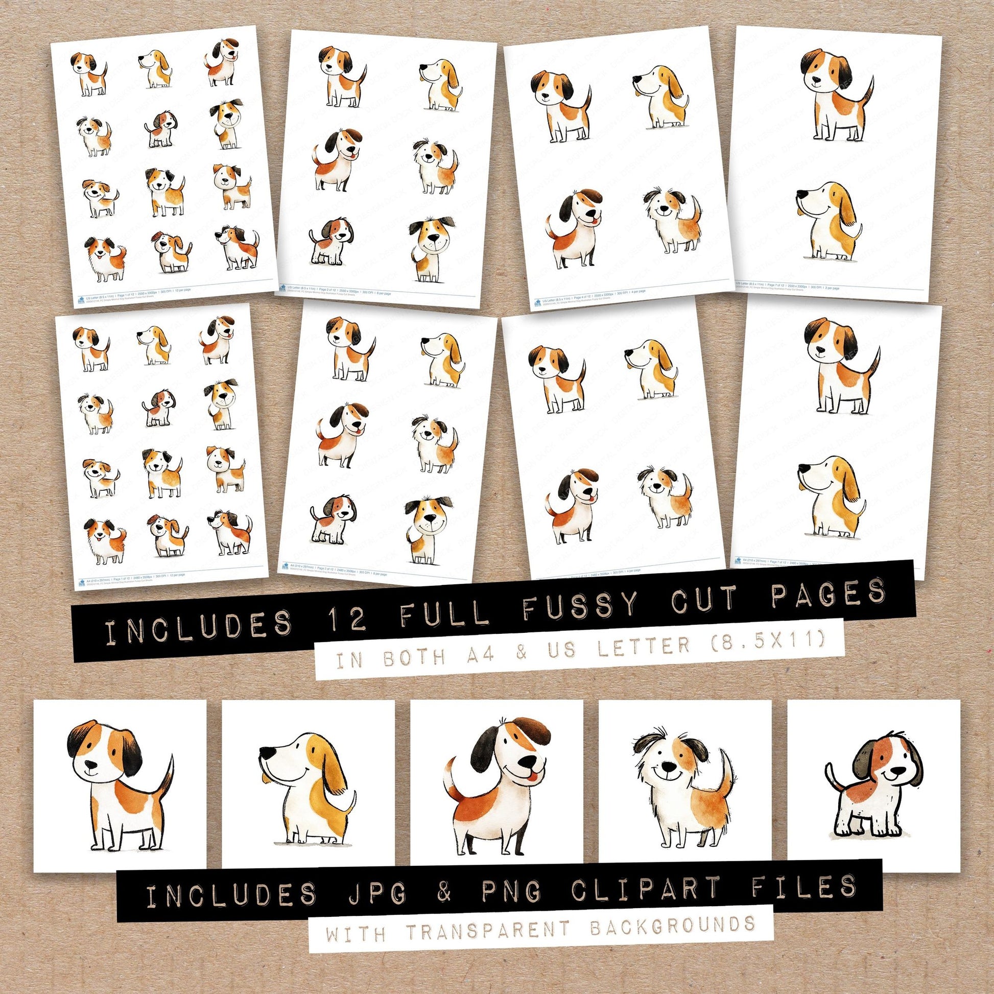 Full collection view of Simple Minimal Dog Illustration fussy cut sheets with bonus clipart JPG and PNG files