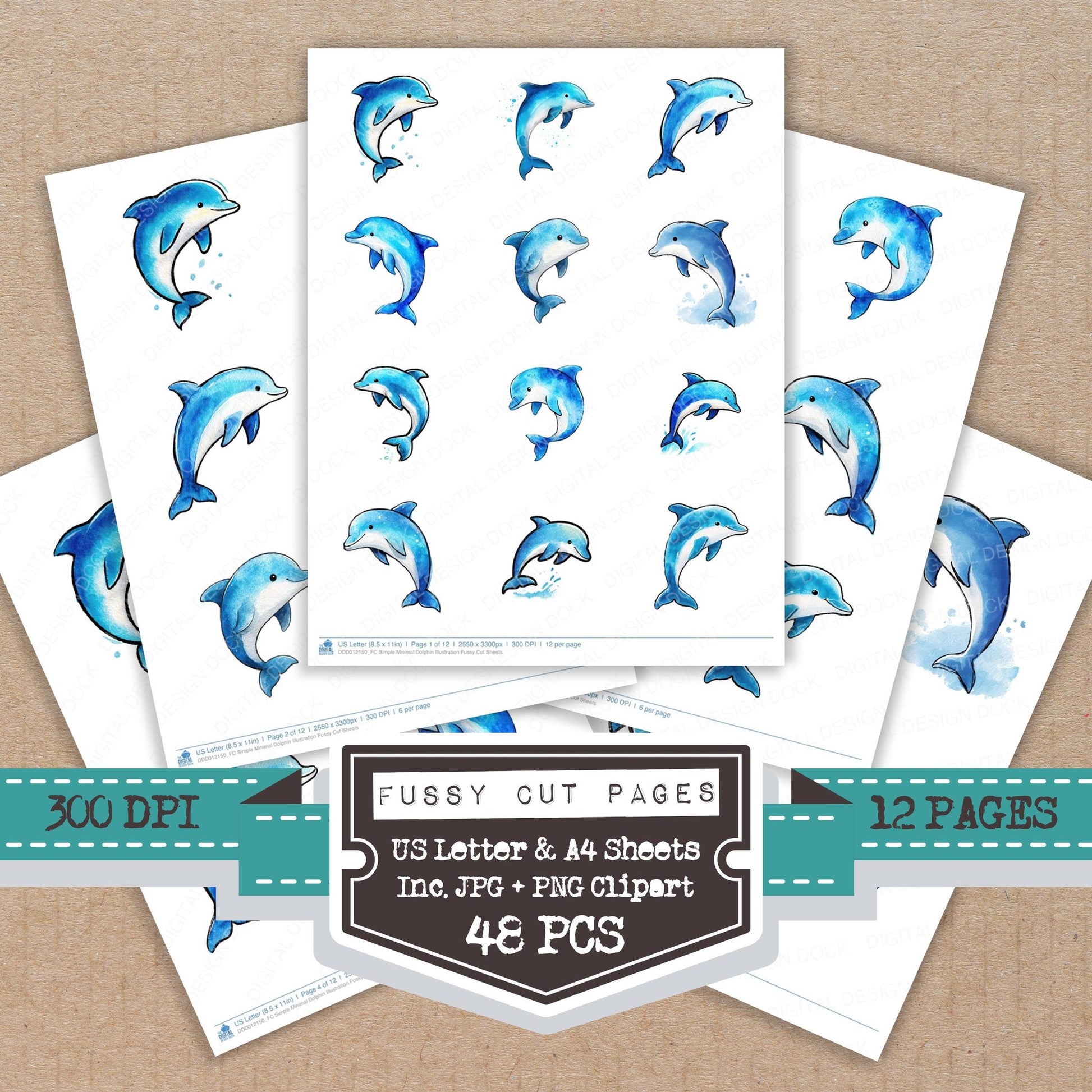 Simple Minimal Dolphin Illustration fussy cut printable sheets for junk journaling, scrapbooking, and paper craft projects