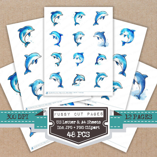 Simple Minimal Dolphin Illustration fussy cut printable sheets for junk journaling, scrapbooking, and paper craft projects