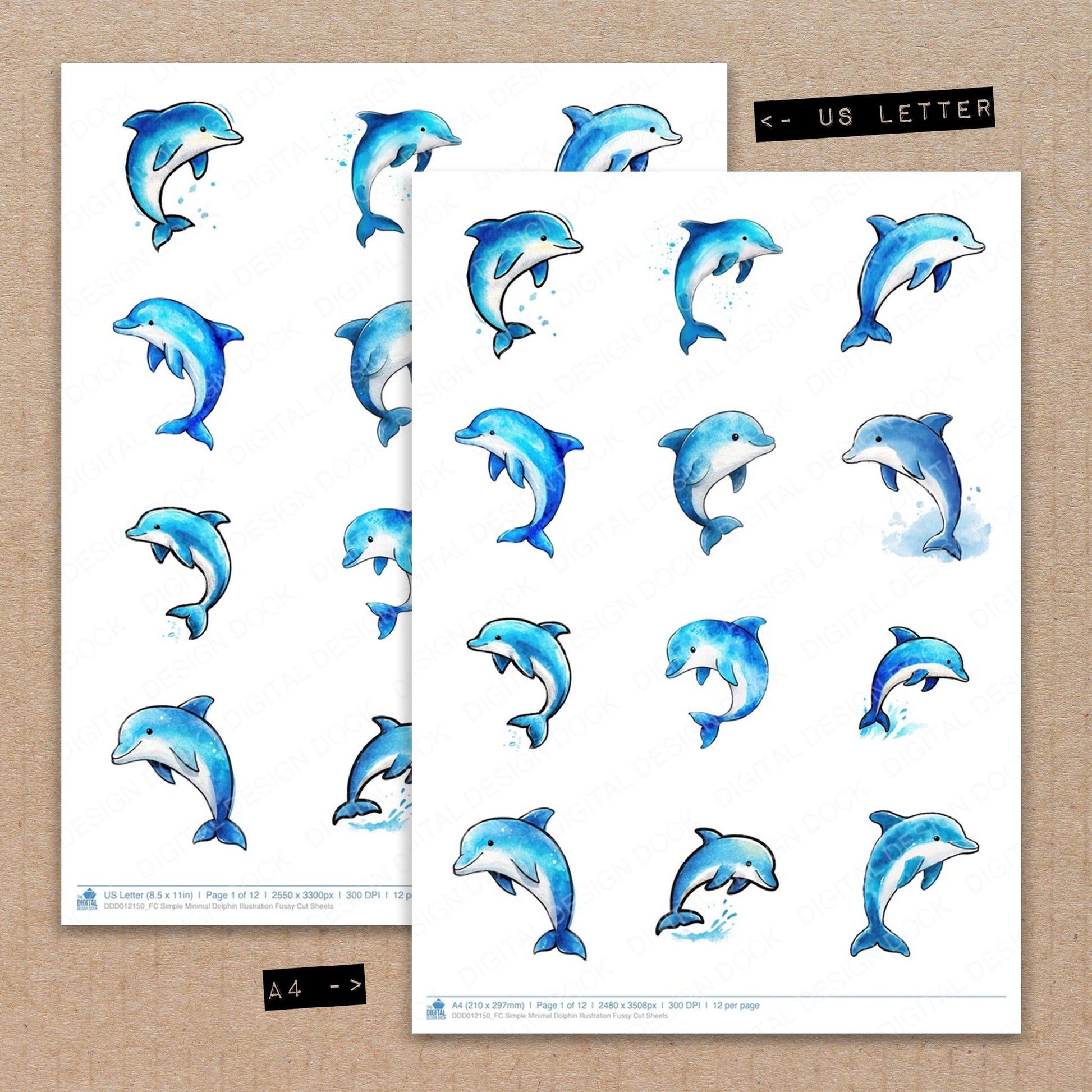 A4 and US Letter format comparison showing Simple Minimal Dolphin Illustration fussy cut pages for print and cut crafting