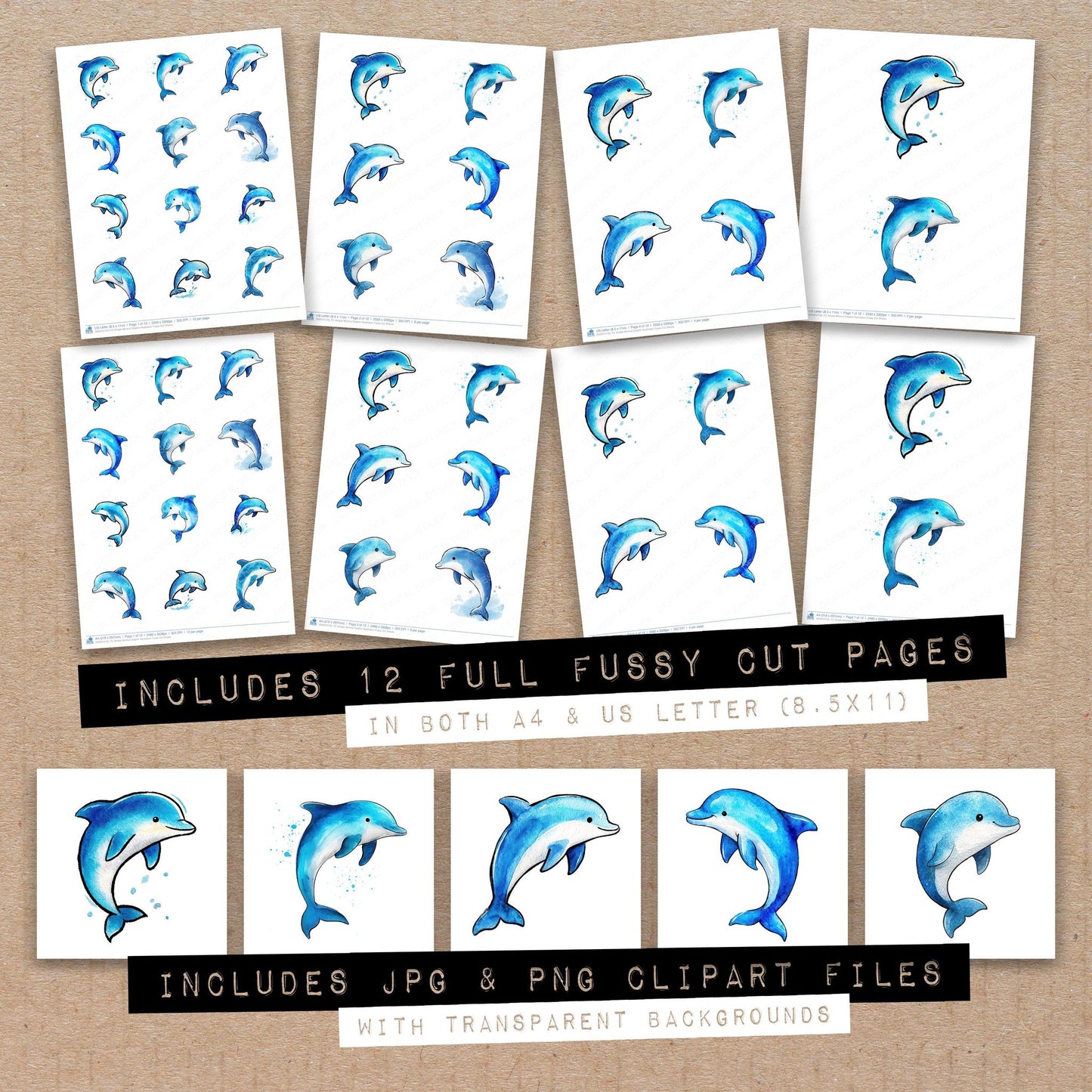 Full collection view of Simple Minimal Dolphin Illustration fussy cut sheets with bonus clipart JPG and PNG files