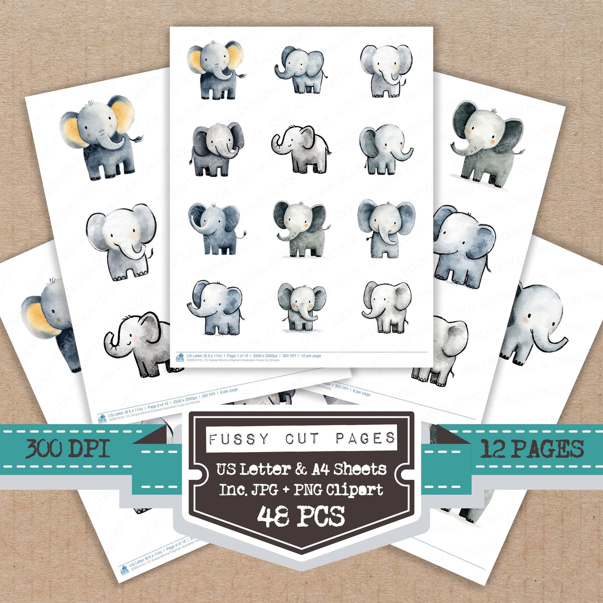 Simple Minimal Elephant Illustration fussy cut printable sheets for junk journaling, scrapbooking, and paper craft projects