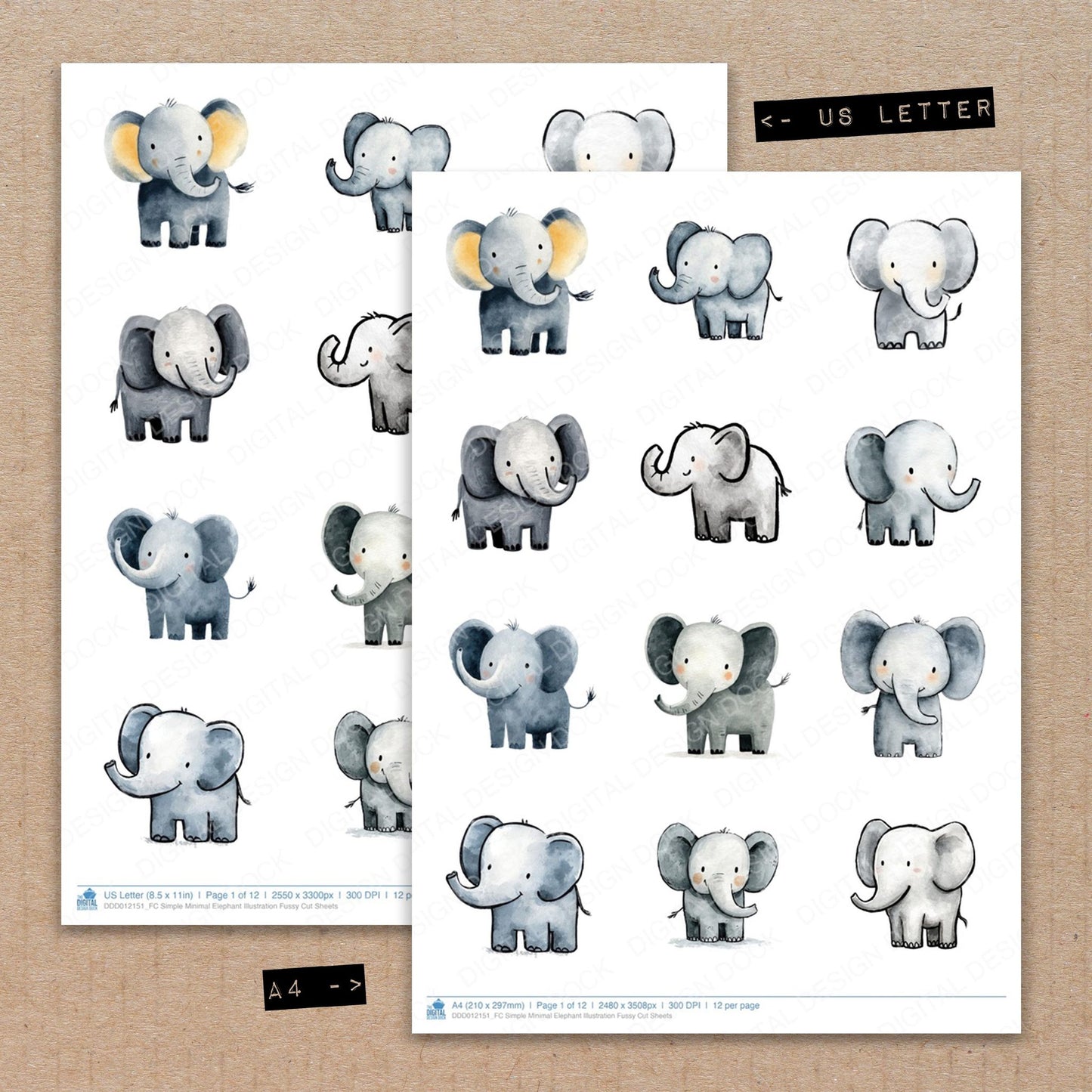 A4 and US Letter format comparison showing Simple Minimal Elephant Illustration fussy cut pages for print and cut crafting