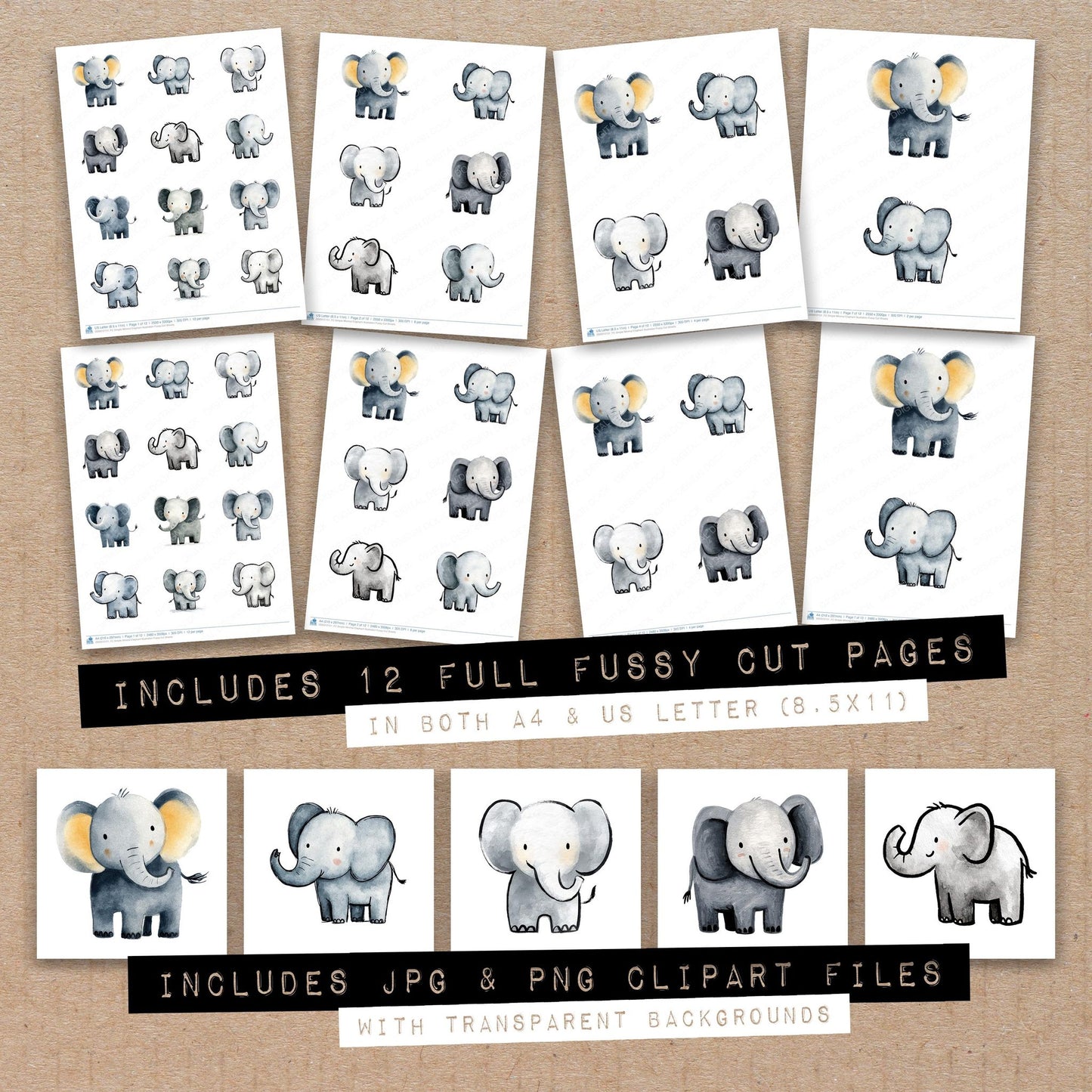 Full collection view of Simple Minimal Elephant Illustration fussy cut sheets with bonus clipart JPG and PNG files