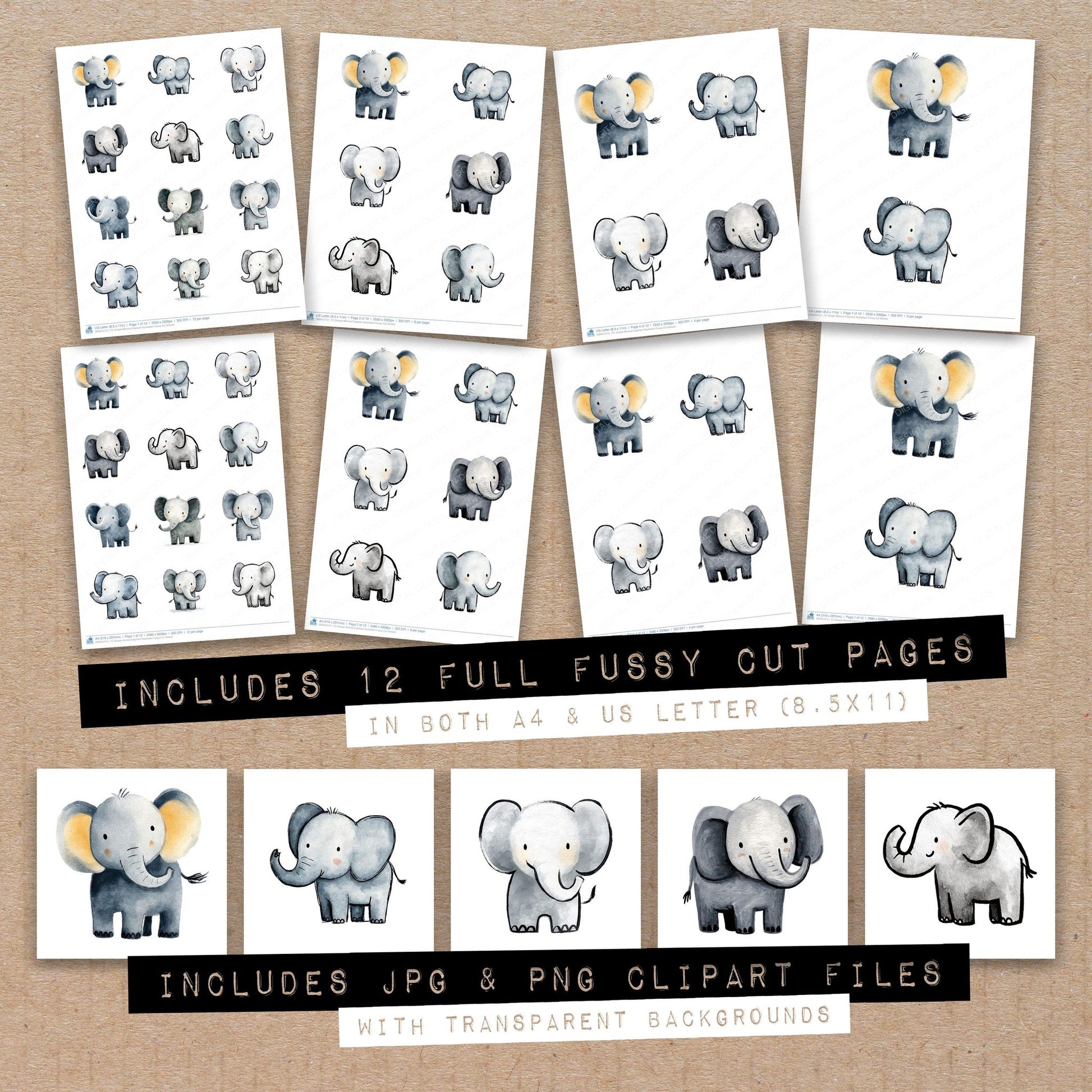 Full collection view of Simple Minimal Elephant Illustration fussy cut sheets with bonus clipart JPG and PNG files