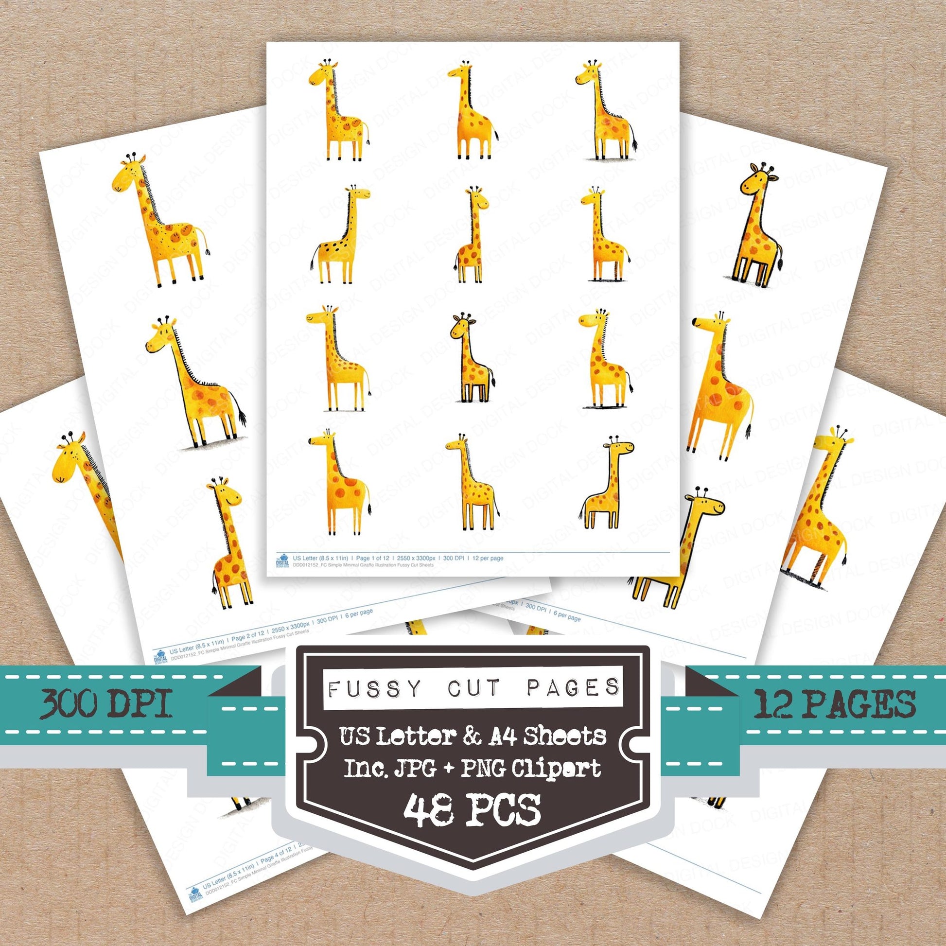Simple Minimal Giraffe Illustration fussy cut printable sheets for junk journaling, scrapbooking, and paper craft projects