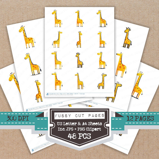 Simple Minimal Giraffe Illustration fussy cut printable sheets for junk journaling, scrapbooking, and paper craft projects