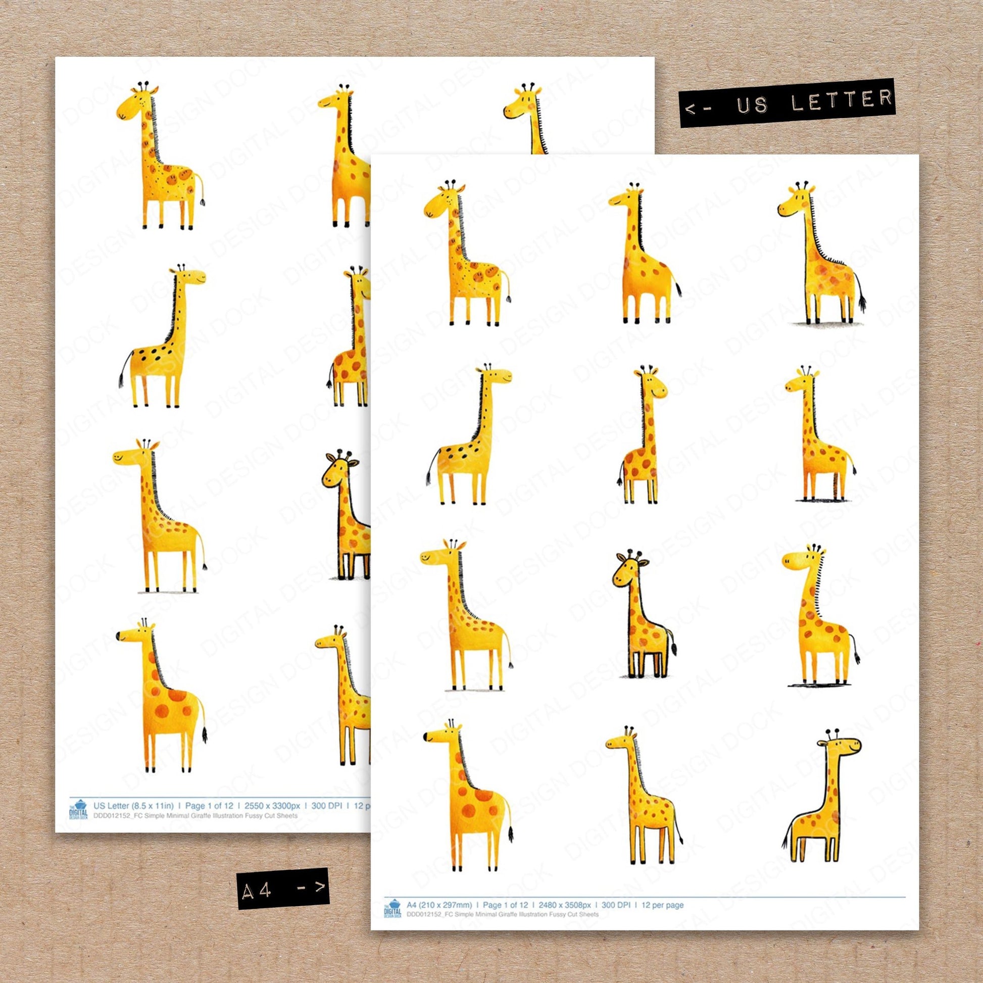 A4 and US Letter format comparison showing Simple Minimal Giraffe Illustration fussy cut pages for print and cut crafting