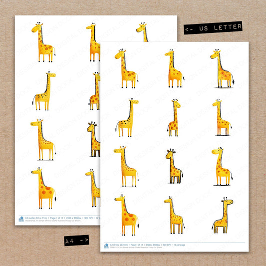 A4 and US Letter format comparison showing Simple Minimal Giraffe Illustration fussy cut pages for print and cut crafting