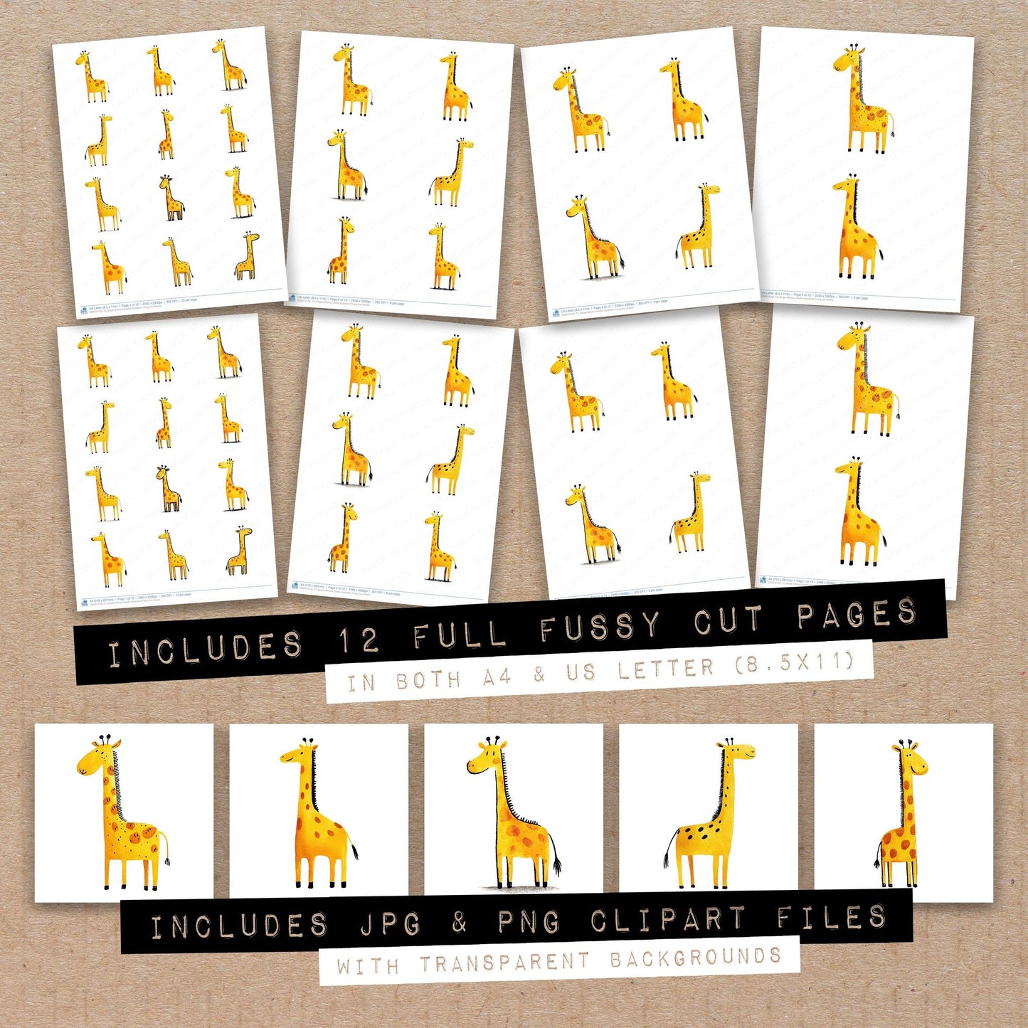 Full collection view of Simple Minimal Giraffe Illustration fussy cut sheets with bonus clipart JPG and PNG files