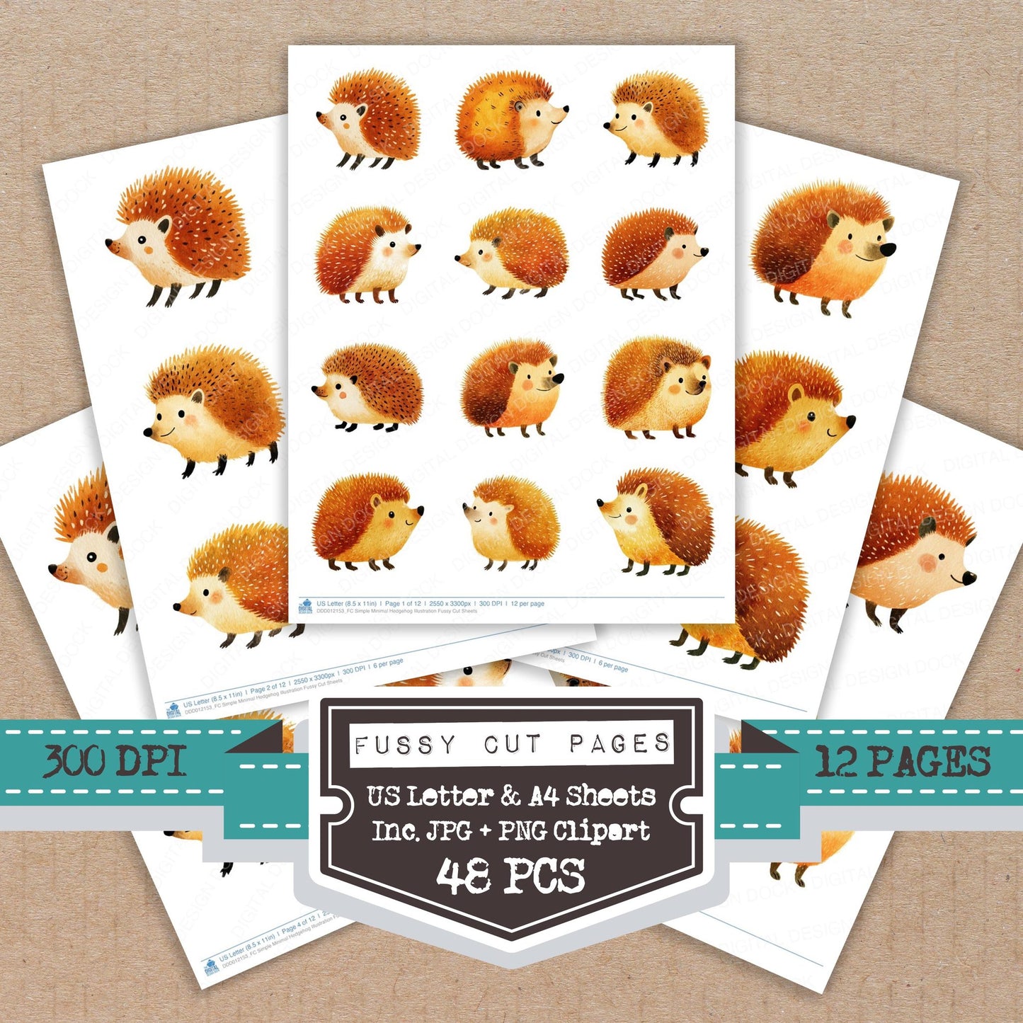 Simple Minimal Hedgehog Illustration fussy cut printable sheets for junk journaling, scrapbooking, and paper craft projects