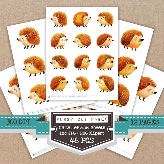 Simple Minimal Hedgehog Illustration fussy cut printable sheets for junk journaling, scrapbooking, and paper craft projects