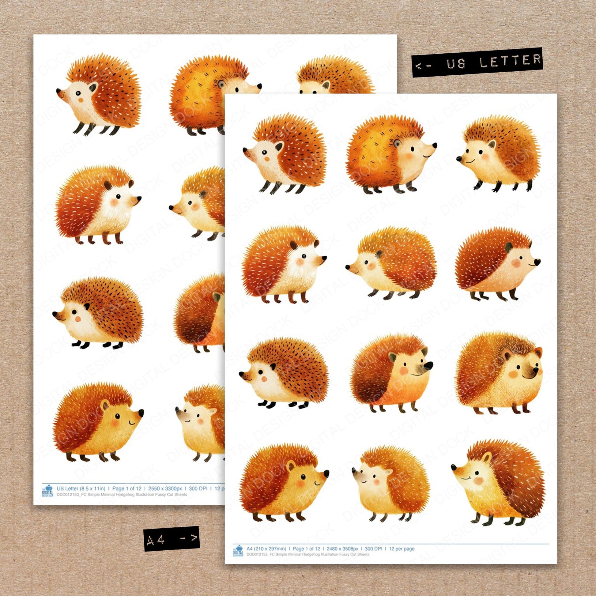 A4 and US Letter format comparison showing Simple Minimal Hedgehog Illustration fussy cut pages for print and cut crafting