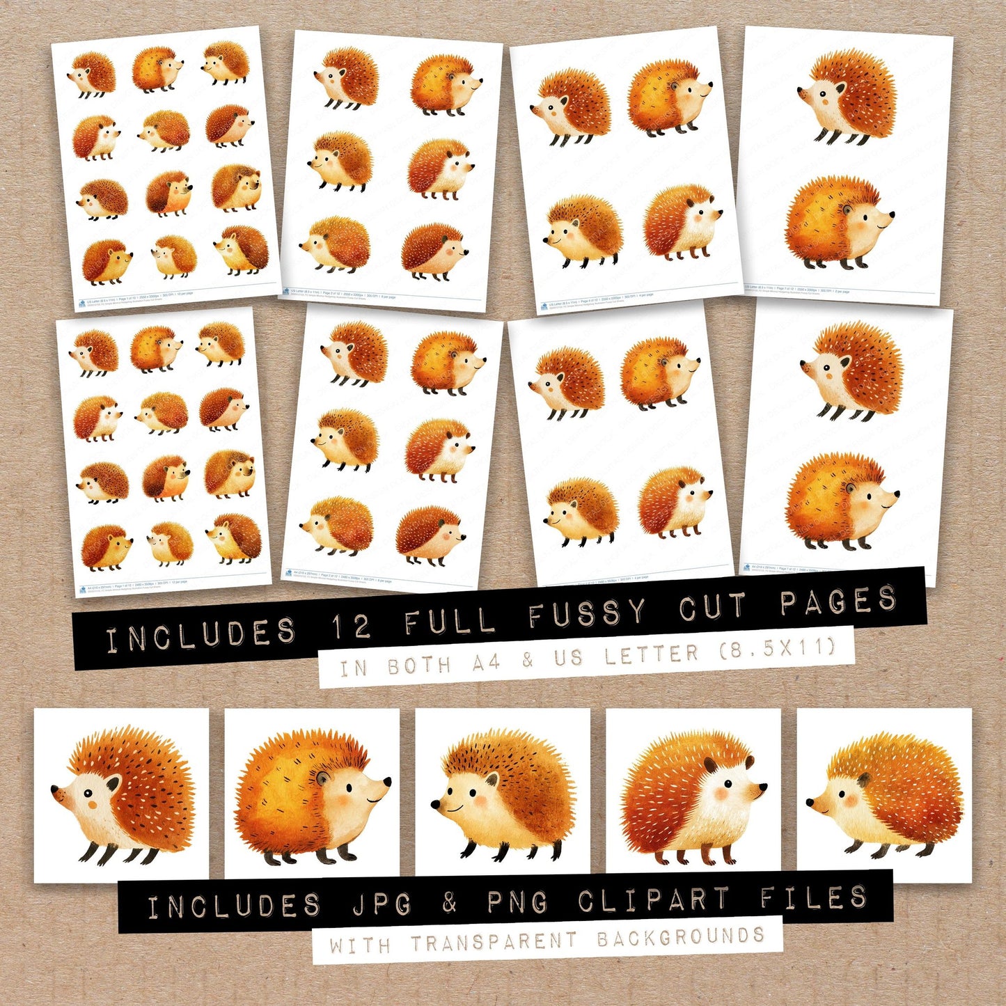 Full collection view of Simple Minimal Hedgehog Illustration fussy cut sheets with bonus clipart JPG and PNG files