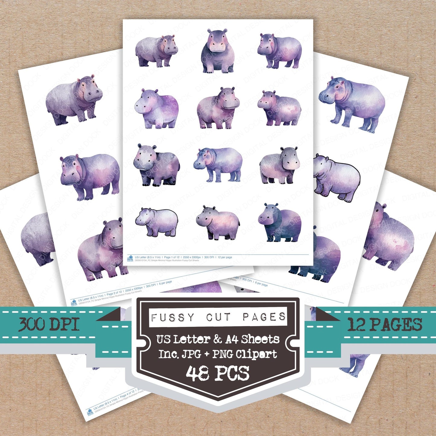 Simple Minimal Hippo Illustration fussy cut printable sheets for junk journaling, scrapbooking, and paper craft projects