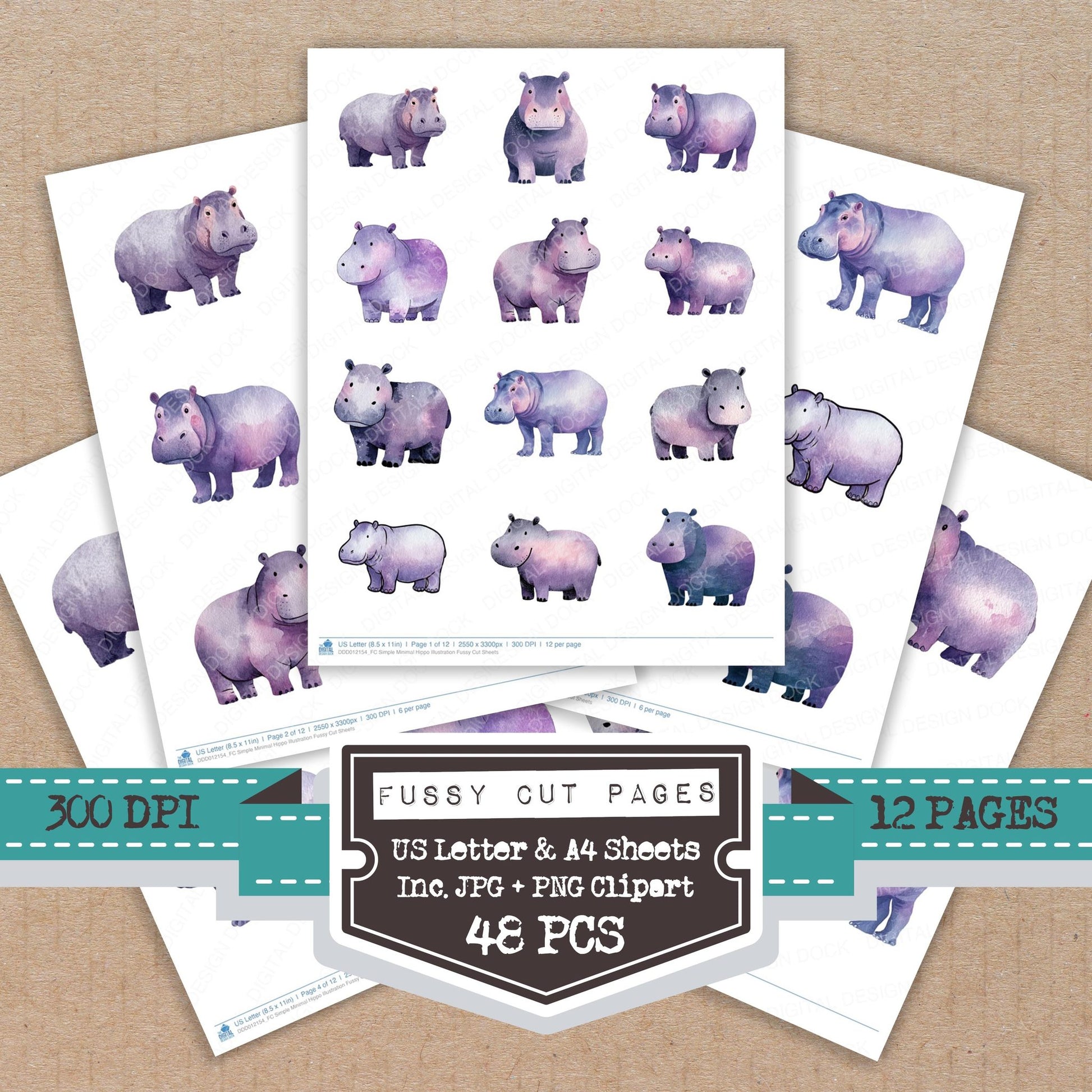 Simple Minimal Hippo Illustration fussy cut printable sheets for junk journaling, scrapbooking, and paper craft projects