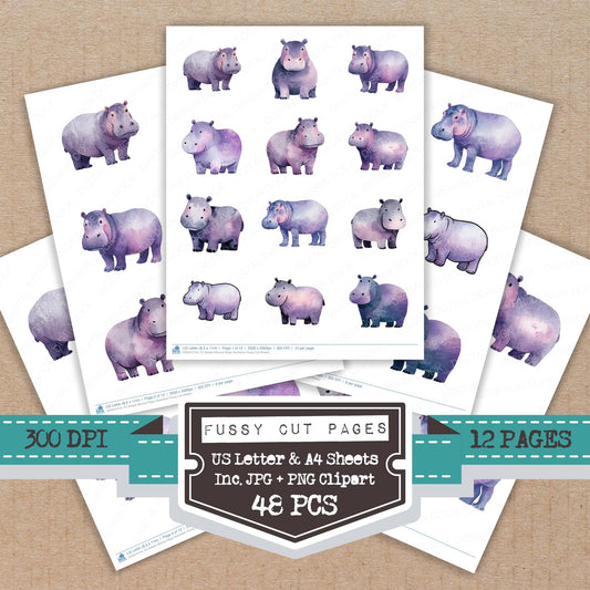 Simple Minimal Hippo Illustration fussy cut printable sheets for junk journaling, scrapbooking, and paper craft projects