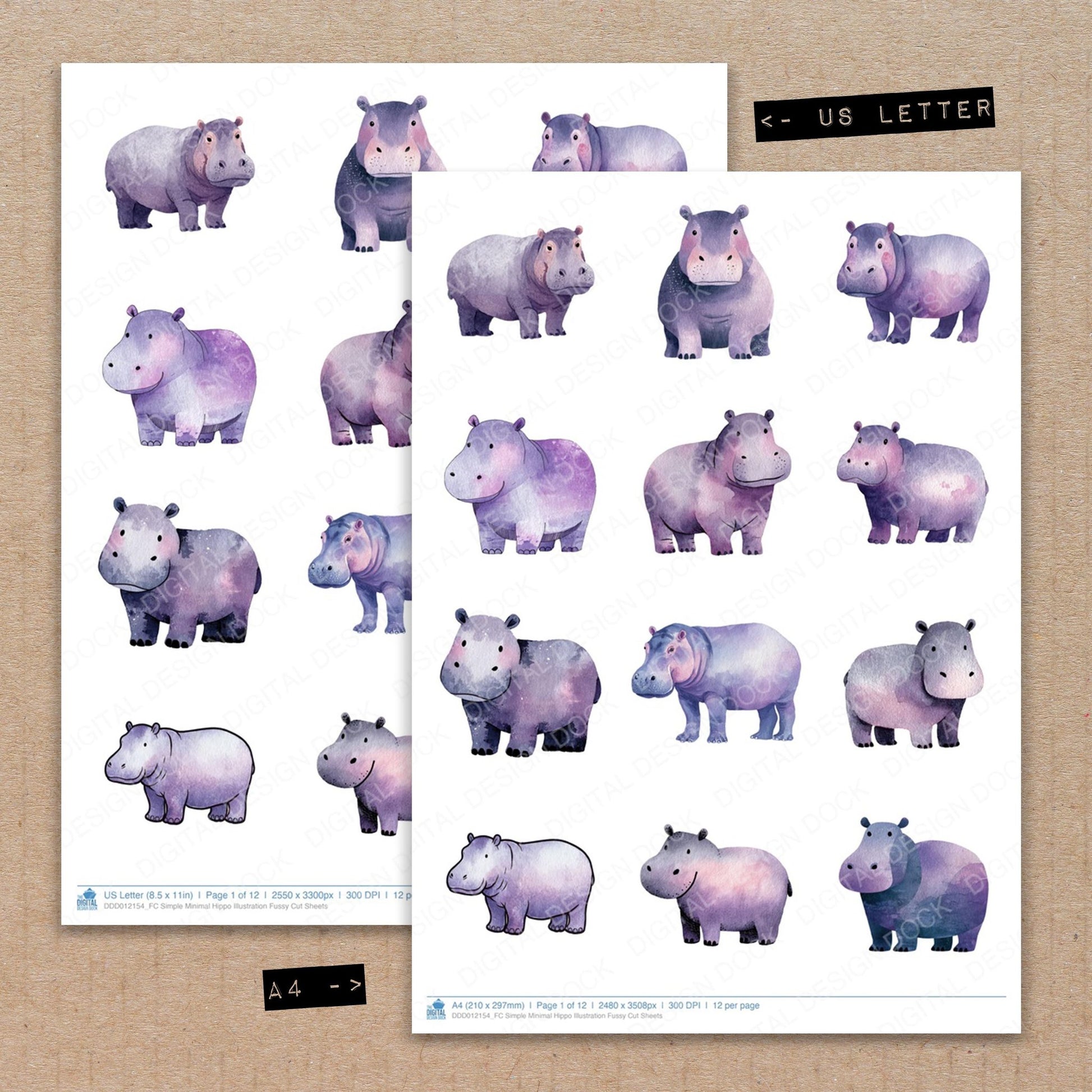 A4 and US Letter format comparison showing Simple Minimal Hippo Illustration fussy cut pages for print and cut crafting