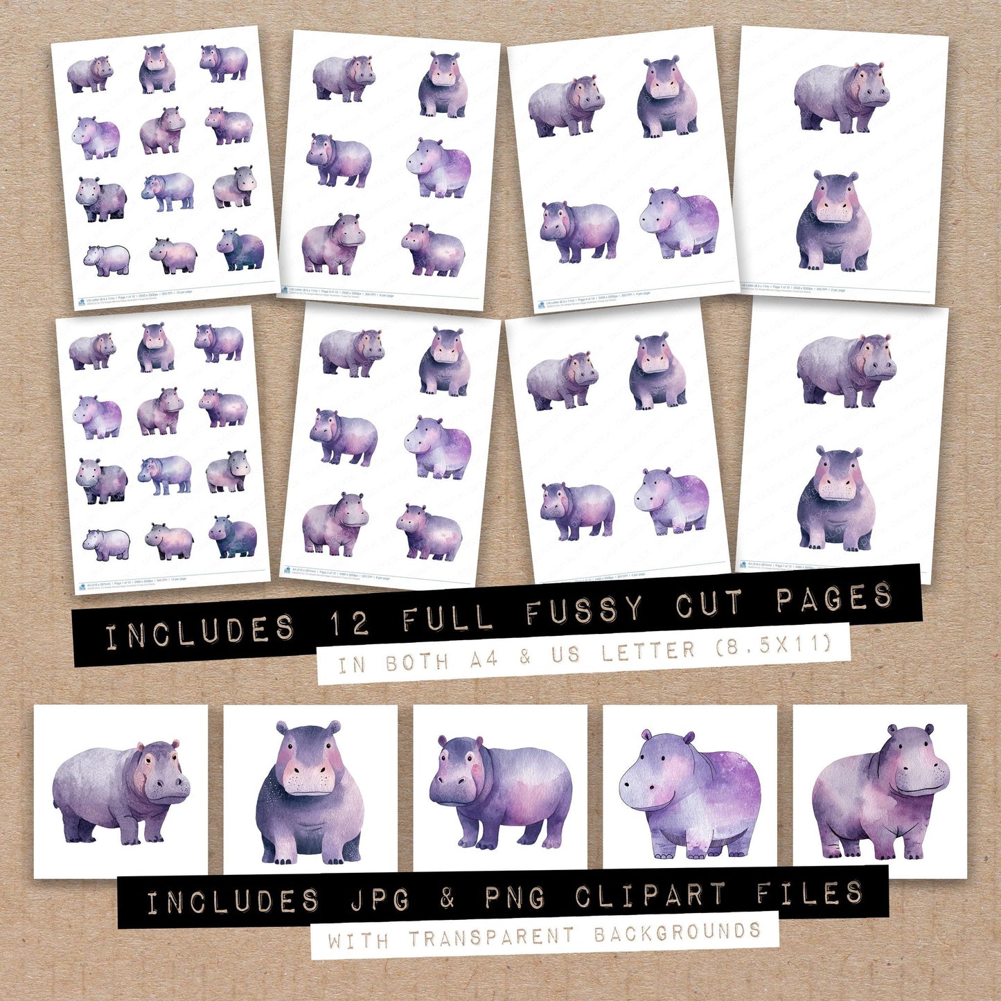 Full collection view of Simple Minimal Hippo Illustration fussy cut sheets with bonus clipart JPG and PNG files