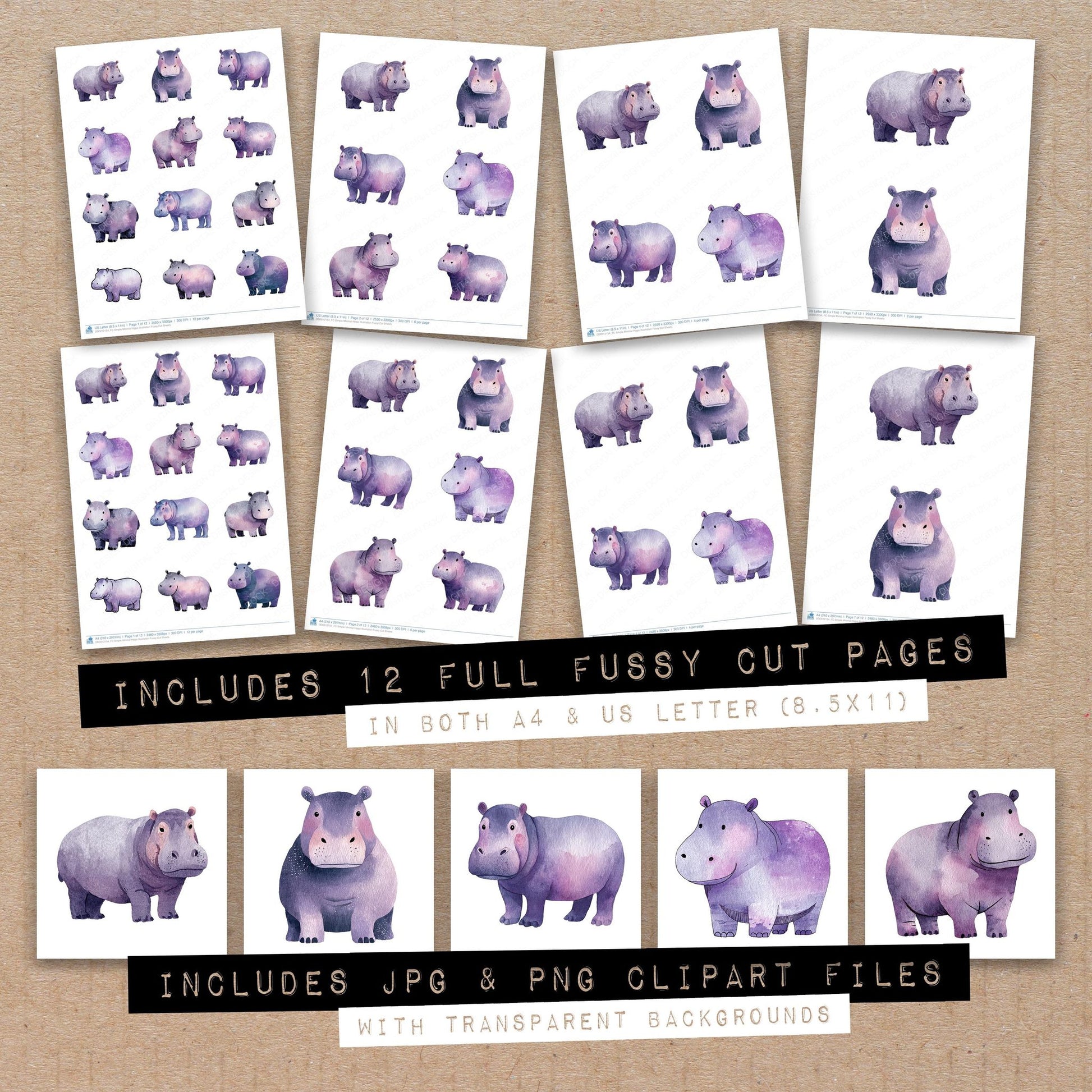 Full collection view of Simple Minimal Hippo Illustration fussy cut sheets with bonus clipart JPG and PNG files