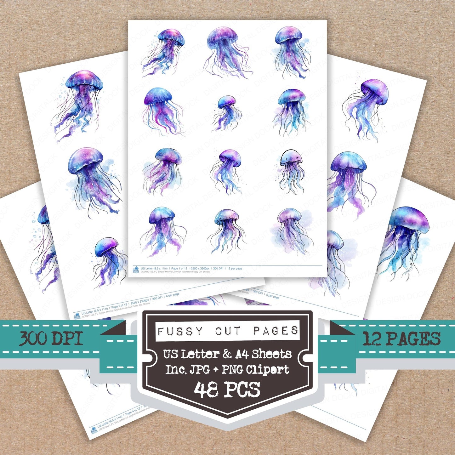 Simple Minimal Jellyfish Illustration fussy cut printable sheets for junk journaling, scrapbooking, and paper craft projects