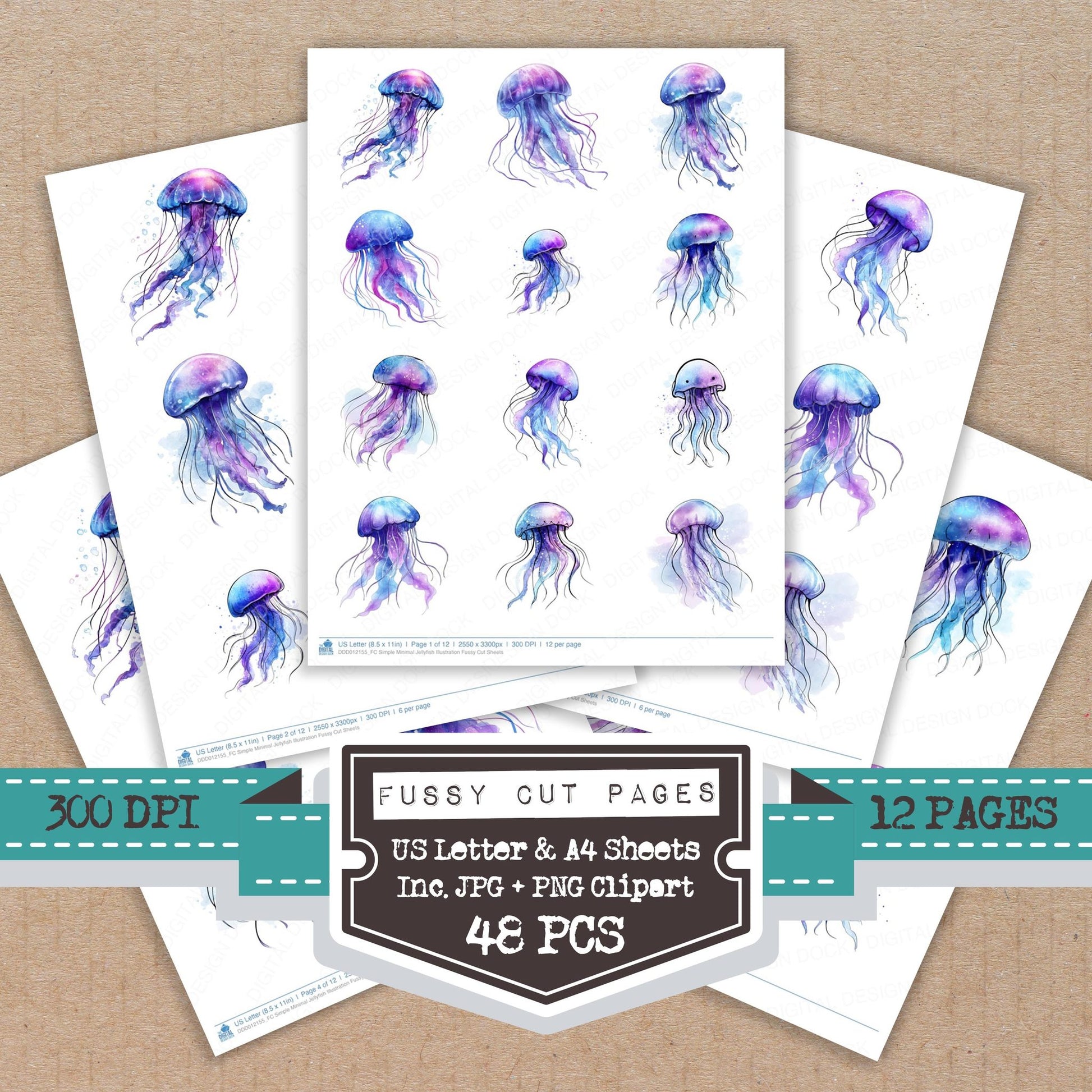 Simple Minimal Jellyfish Illustration fussy cut printable sheets for junk journaling, scrapbooking, and paper craft projects