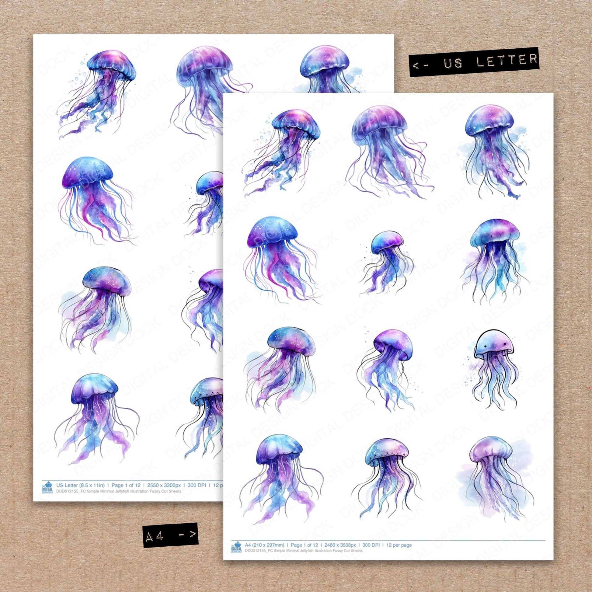 A4 and US Letter format comparison showing Simple Minimal Jellyfish Illustration fussy cut pages for print and cut crafting