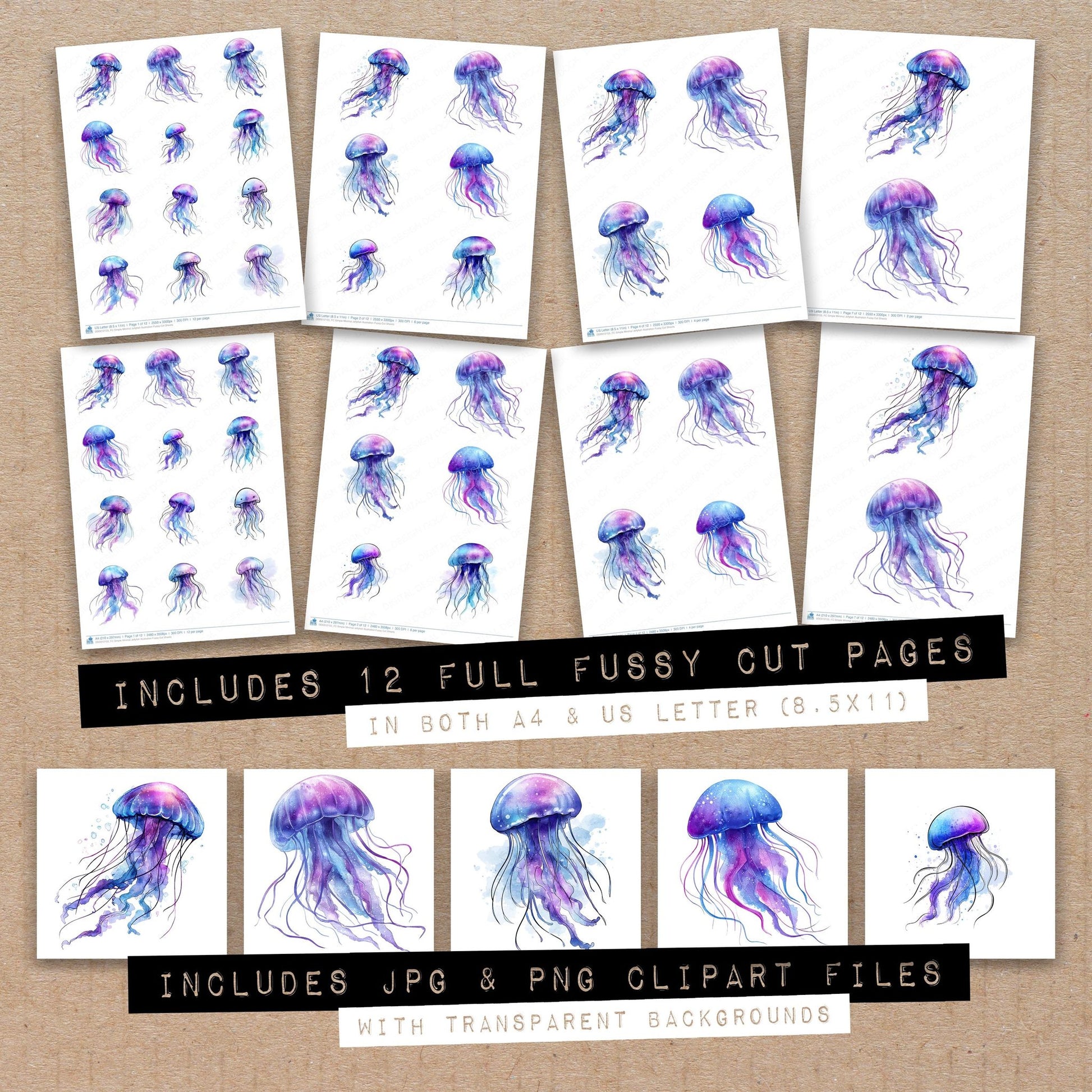 Full collection view of Simple Minimal Jellyfish Illustration fussy cut sheets with bonus clipart JPG and PNG files